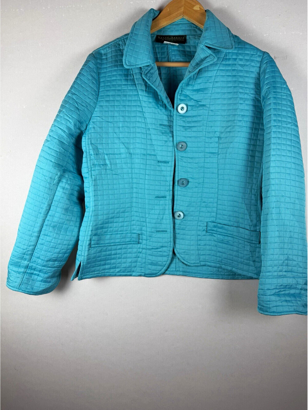 harvé benard Women’s Blue Quilted Button Front Jacket Pockets Collar Size 8